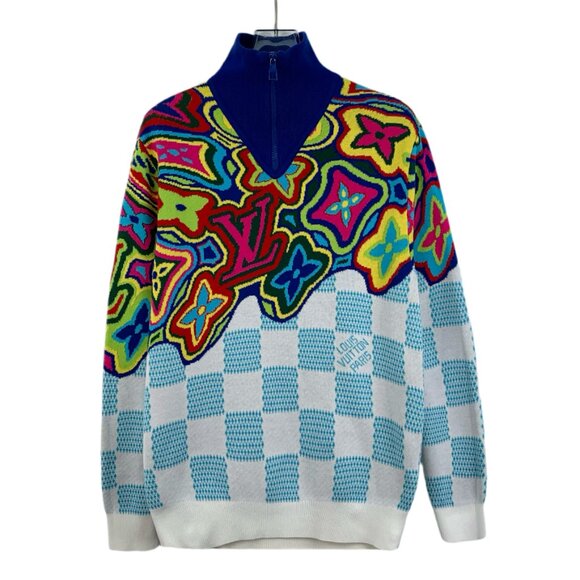 J17134 Louis Vuitton Colorblocked Checkerboard Printed Cotton Pullover